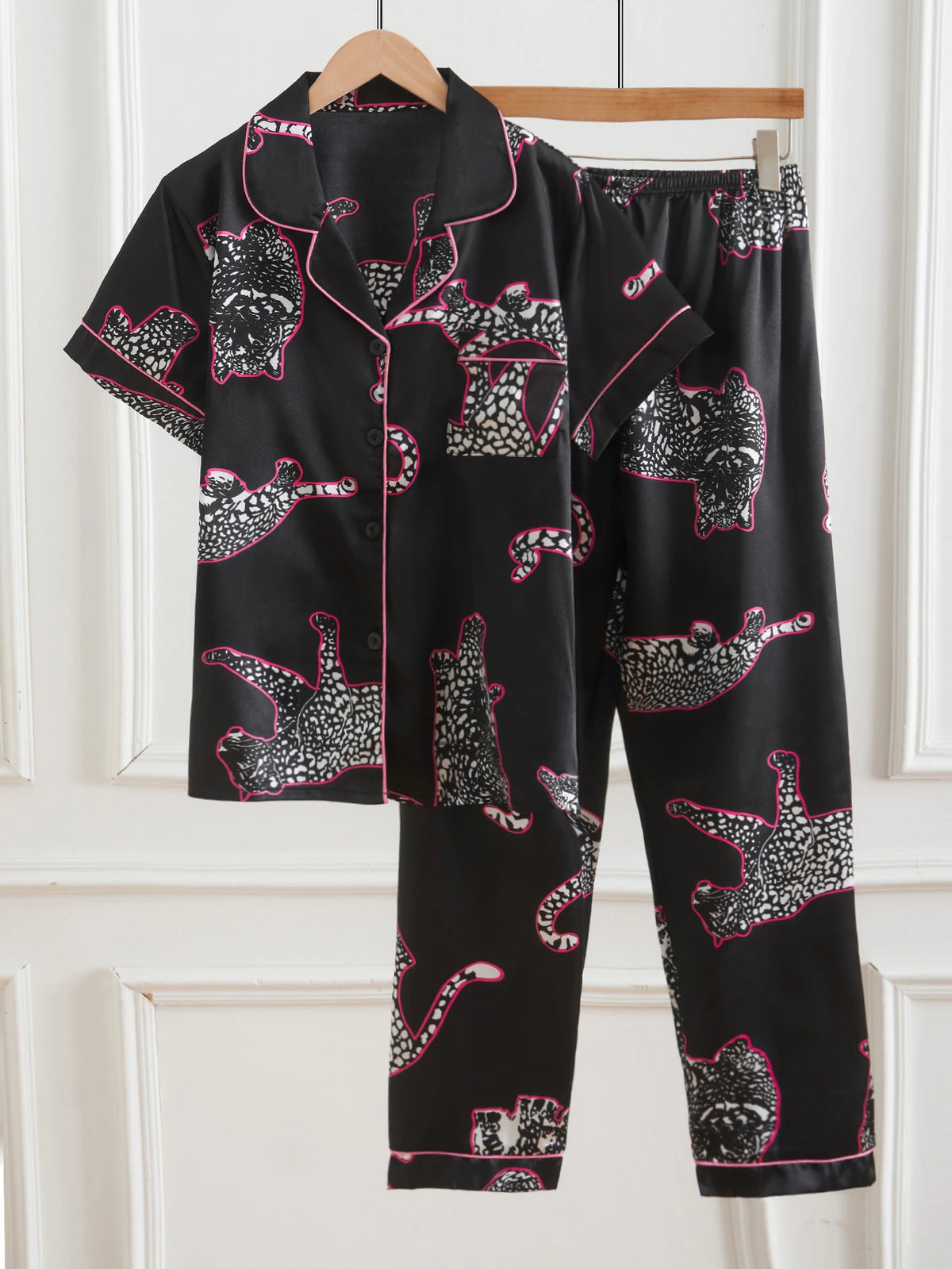 Two-Piece Satin Leopard Print Pajama Set – Shop at OWNLUXE