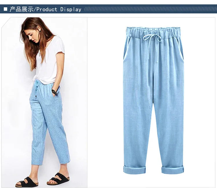 Cotton Linen Pants - Elastic Waist Ankle Length Casual Trousers