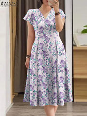 Bohemian Floral A-Line Mid-Calf Dress – V-Neck Summer Style