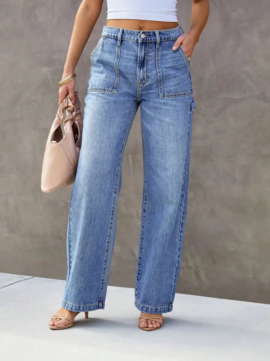 Women's Light Blue Wide Leg Jeans - Straight Leg Denim Pants
