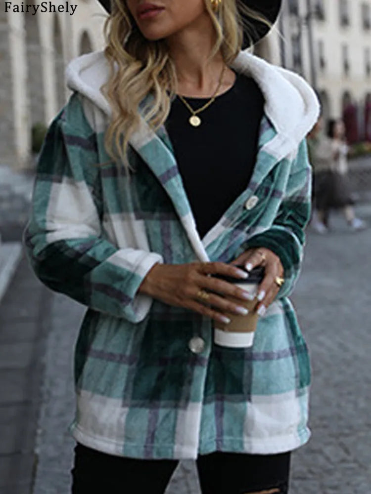 FairyShely 2025 Autumn Women Plaid Patchwork Jacket Thick Plush Warm Long Sleeve Coat Winter Ladies Single Breasted Hooded Coat
