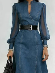 Women's Long Sleeve V-Neck Denim Dress | OWNLUXE