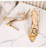 Gold Leaf Gladiator Stiletto Sandals with Pointed Toe