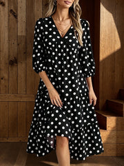 Puff-Sleeve Polka Dot V-Neck Midi Dress | OWNLUXE