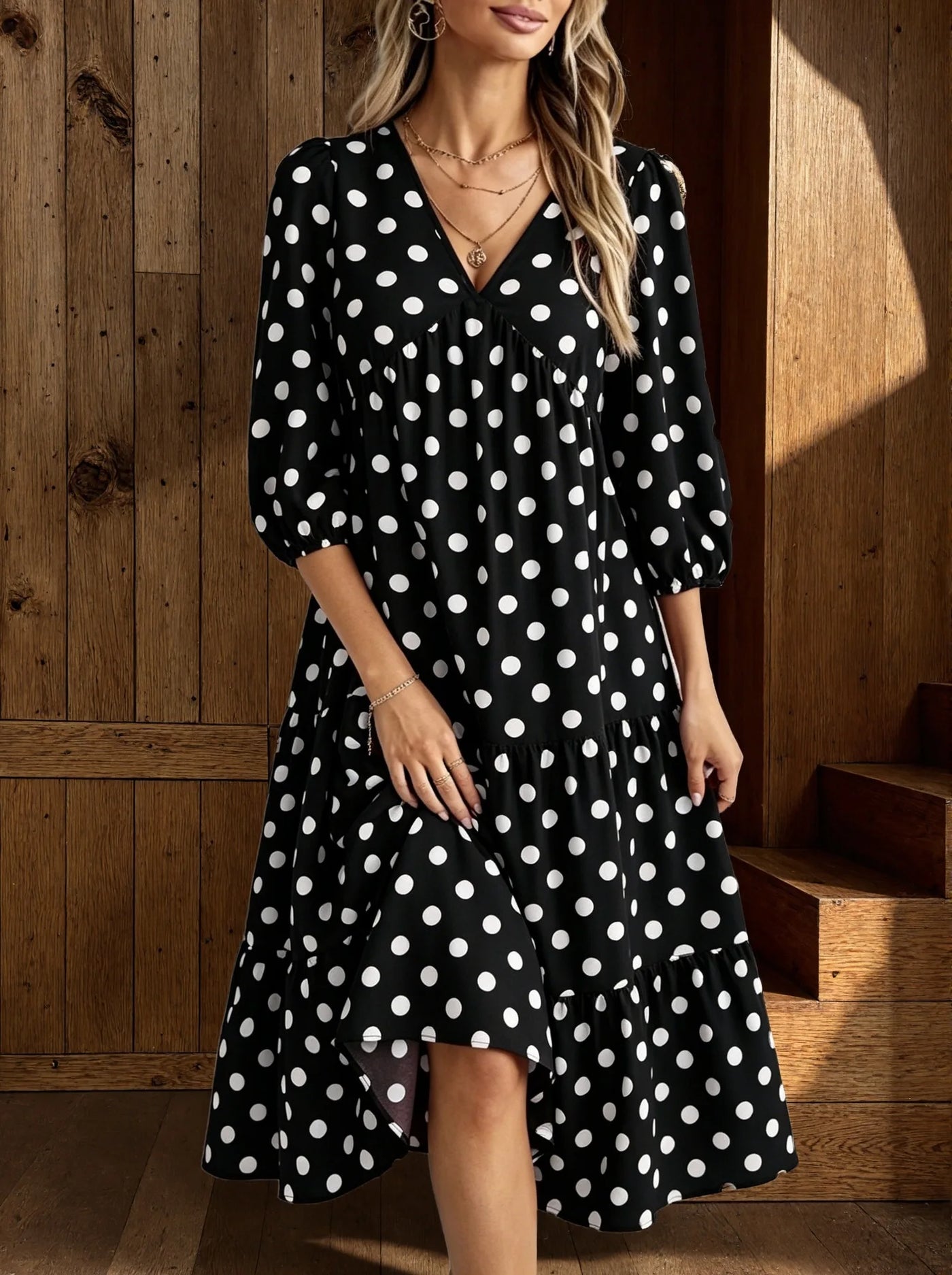 V-Neck Midi Elegant Polka Accessory | OWNLUXE