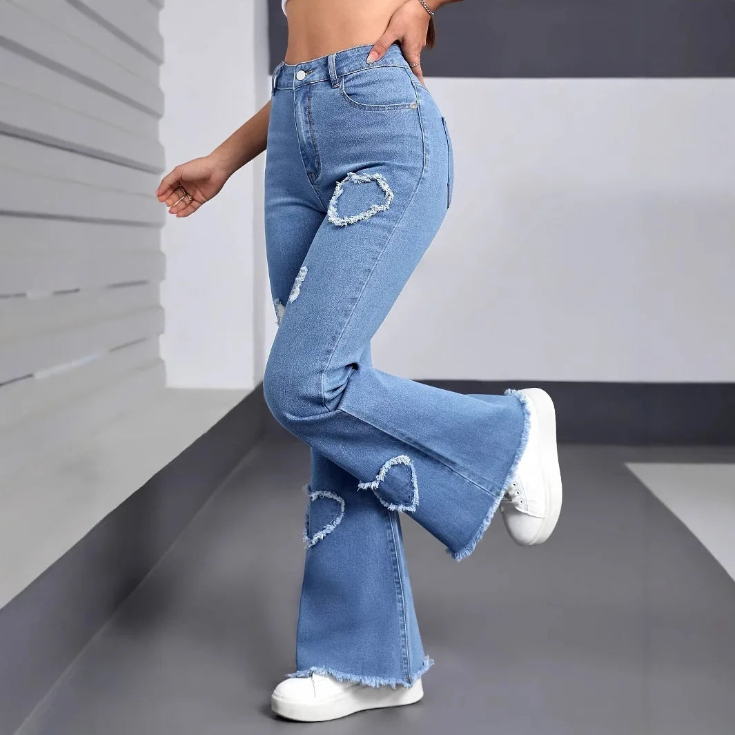Denim Flared Jeans - High Waist Distressed Boot Cut Pants