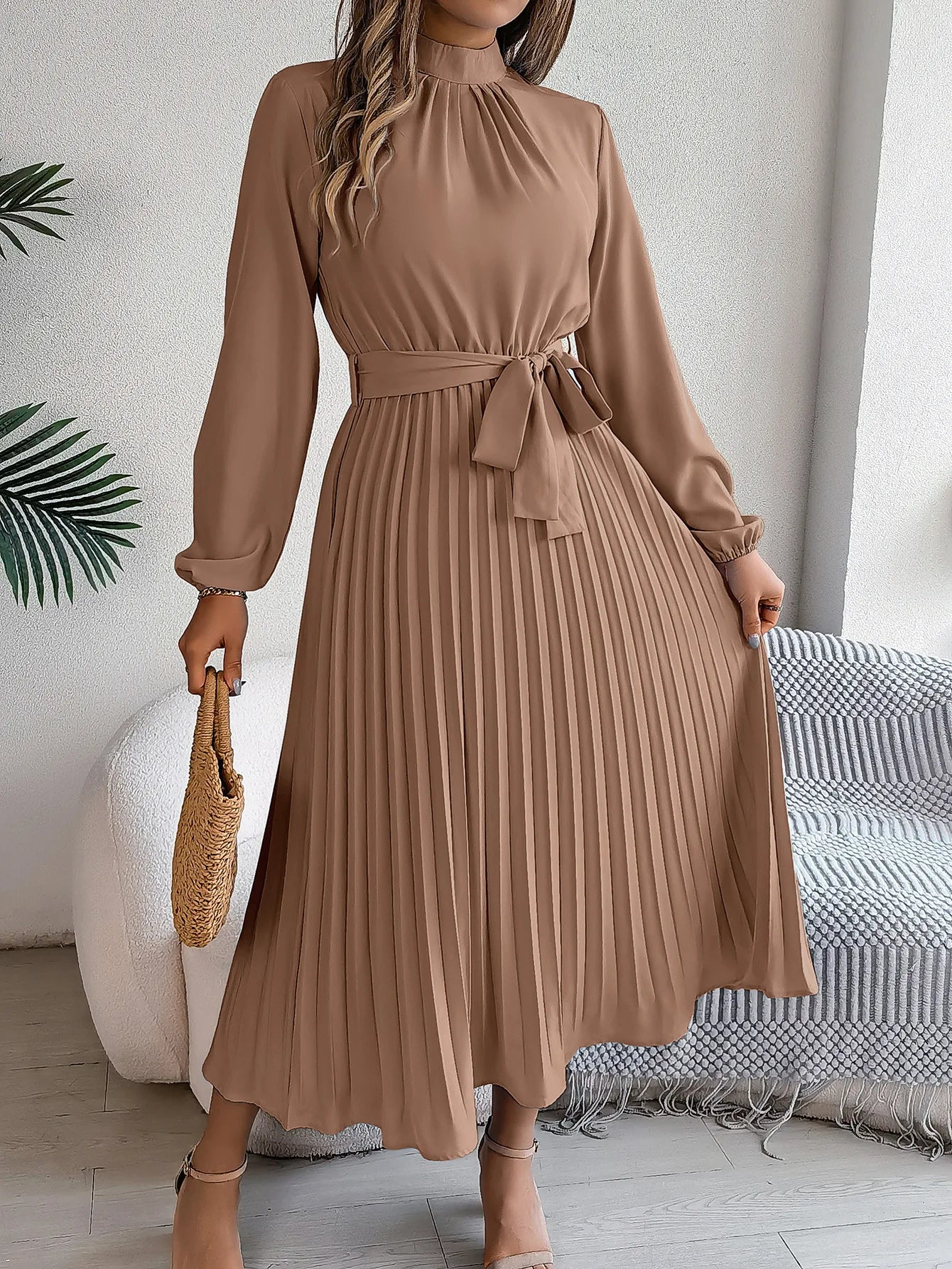 Slim-Fit A-Line Solid Dress with Stand Collar – Ankle-Length, Sashes Detail, Autumn/Winter