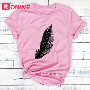Feather Print Loose O-neck Short Sleeve Top