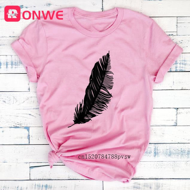 Feather Print Loose O-neck Short Sleeve Top