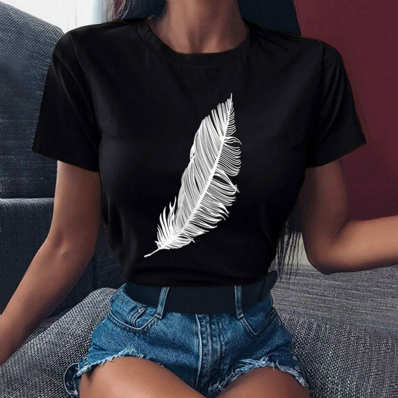 Feather Print Loose O-neck Short Sleeve Top
