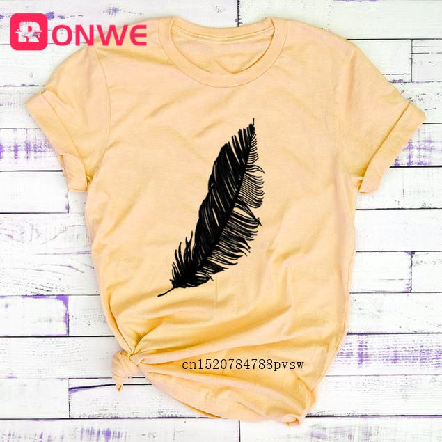 Feather Print Loose O-neck Short Sleeve Top
