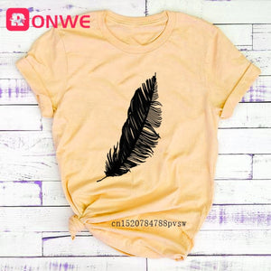 Feather Print Loose O-neck Short Sleeve Top