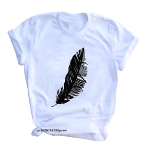 Feather Print Loose O-neck Short Sleeve Top
