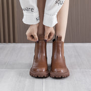 Retro Leather Ankle Boots – Platform Sole & Low Heel