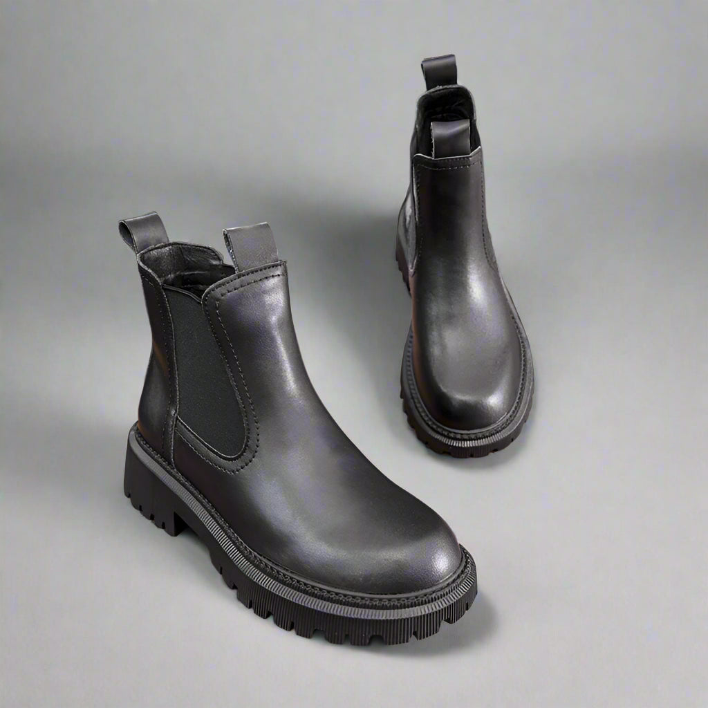 Retro Leather Ankle Boots – Platform Sole & Low Heel